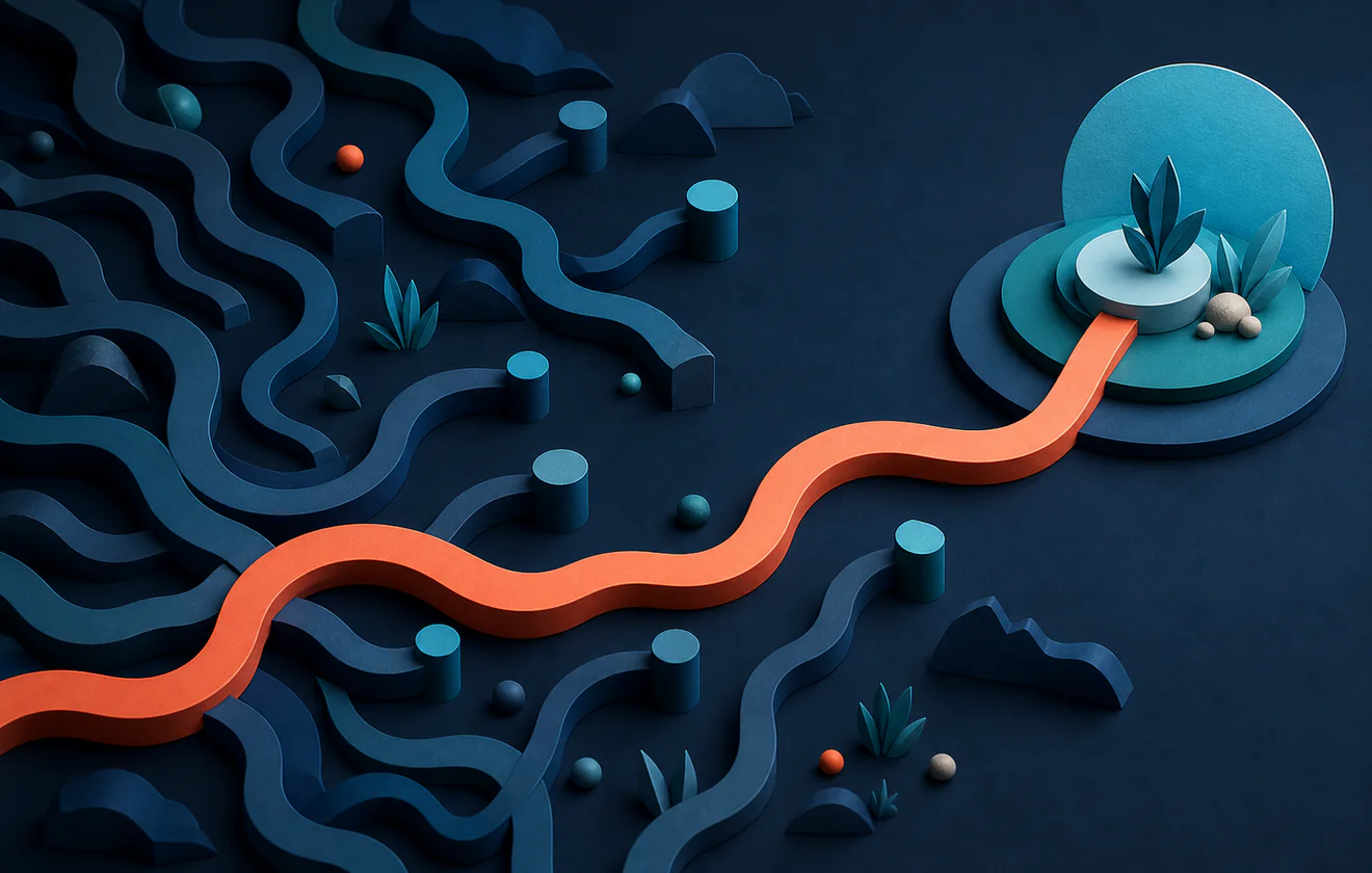 Many unfinished paths stopping while one focused route reaches completion