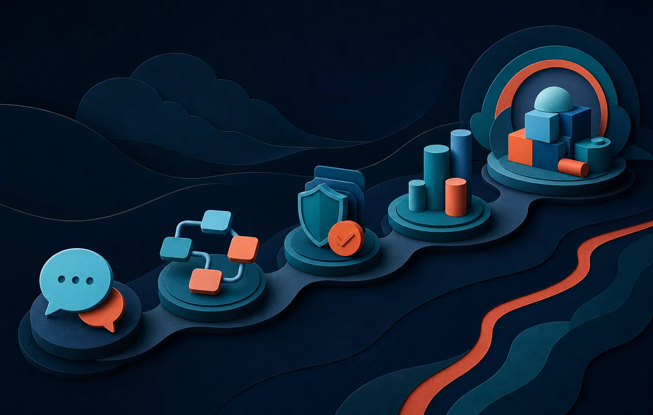 Five progressive waypoints moving from chat to governed AI applications