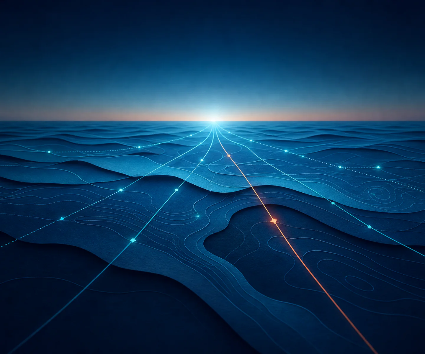 Oceanographic contours and star bearings converging on a calm horizon