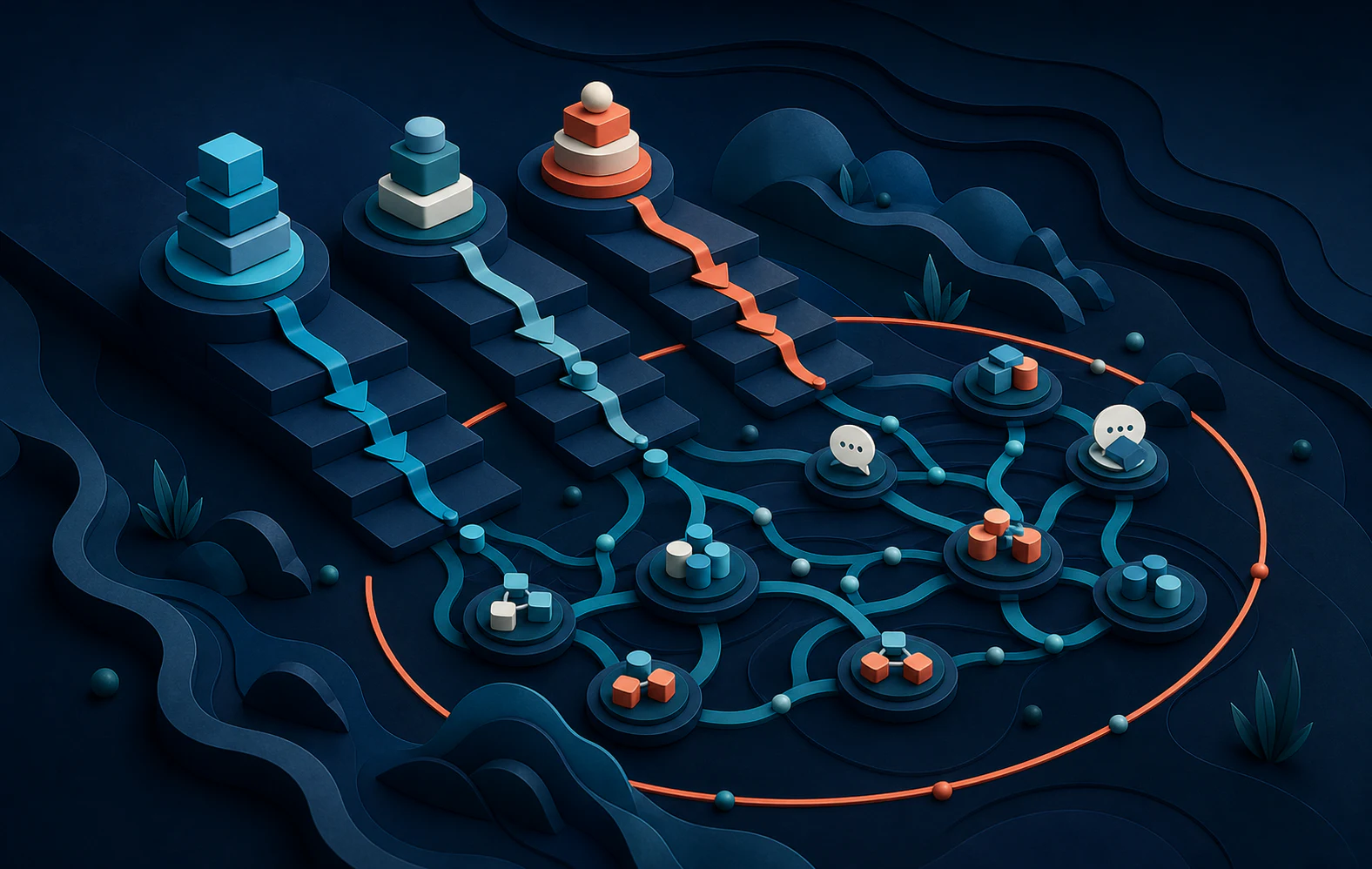 Illustration of model costs descending toward a distributed network of enterprise workflows
