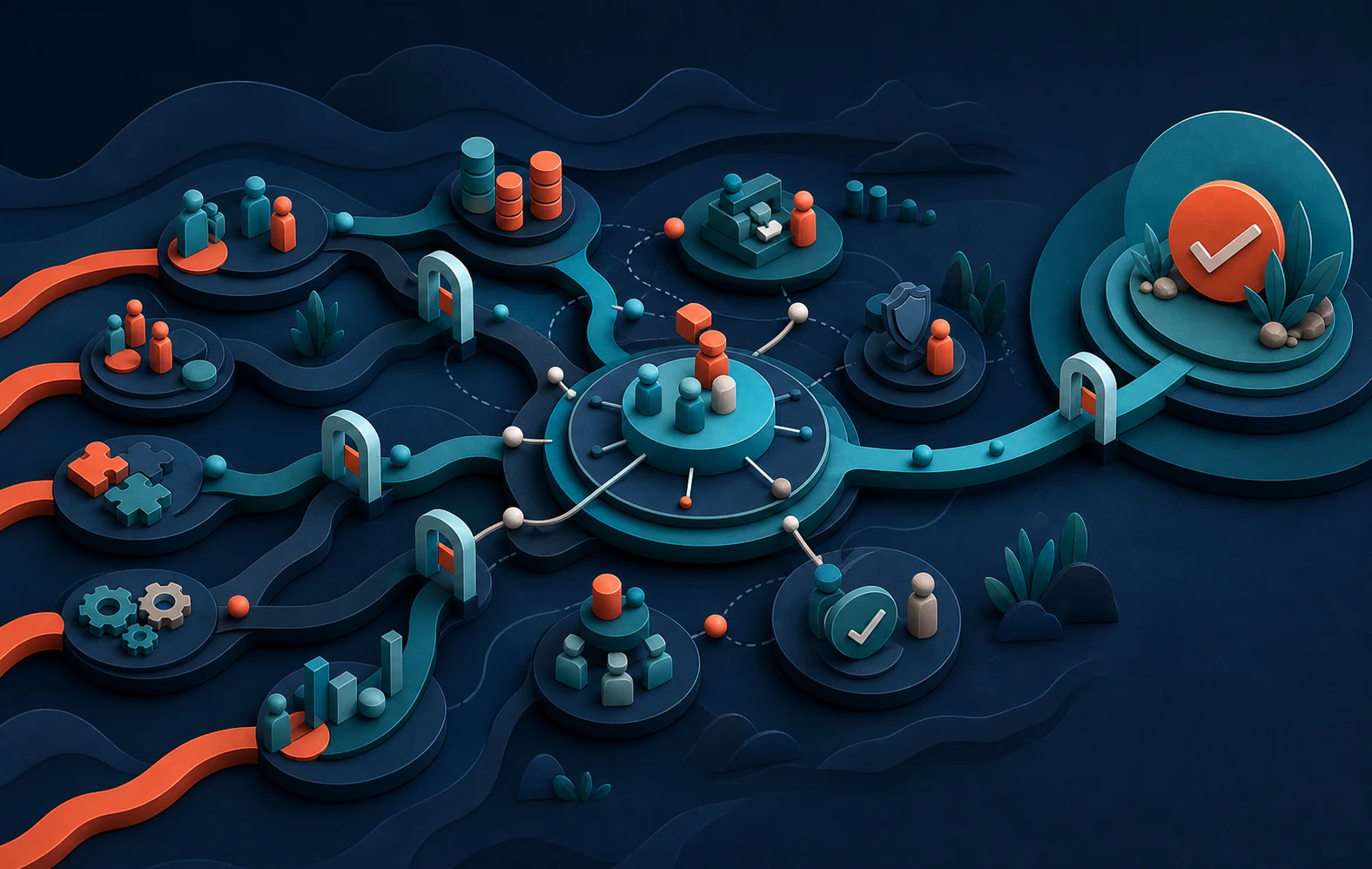 Illustration of connected teams and workflows coordinated through an enterprise operations hub