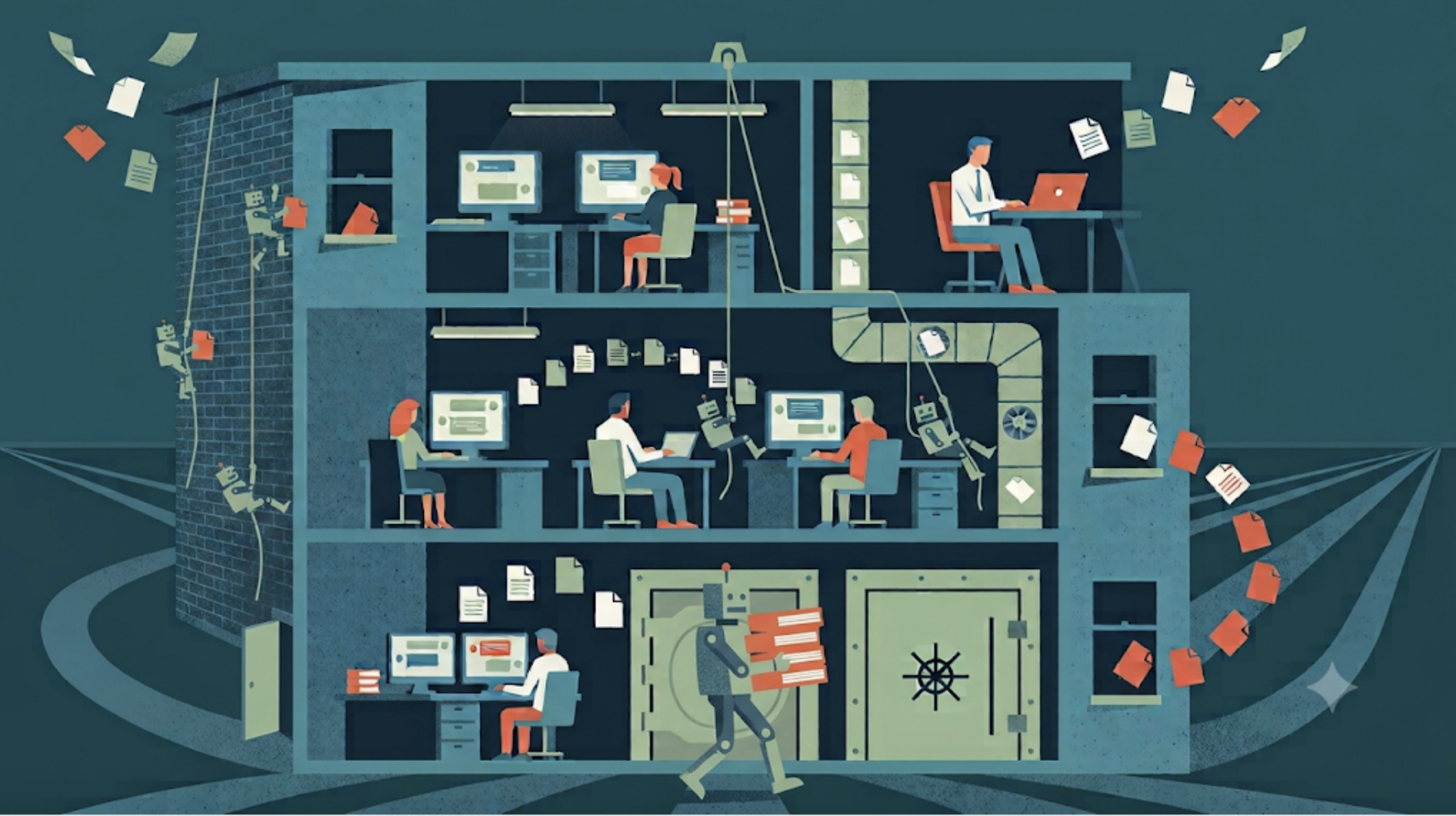 Illustration of an office building cutaway showing employees at workstations while documents and files leak out through the walls, windows, and vault, with small robotic figures climbing the exterior carrying folders away