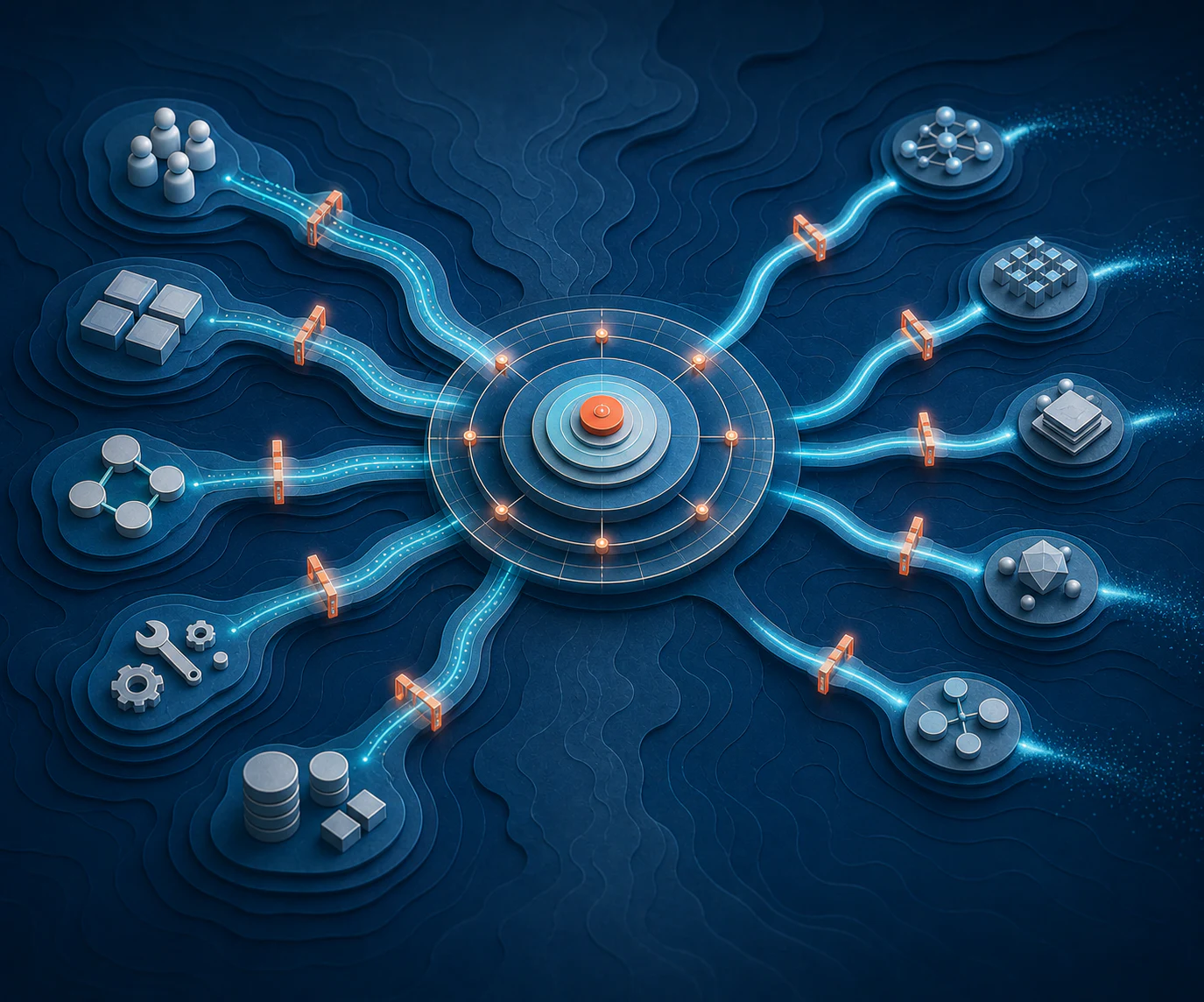 Dimensional map of the Holokai control plane connecting workforce, applications, agents, tools, data, and model environments